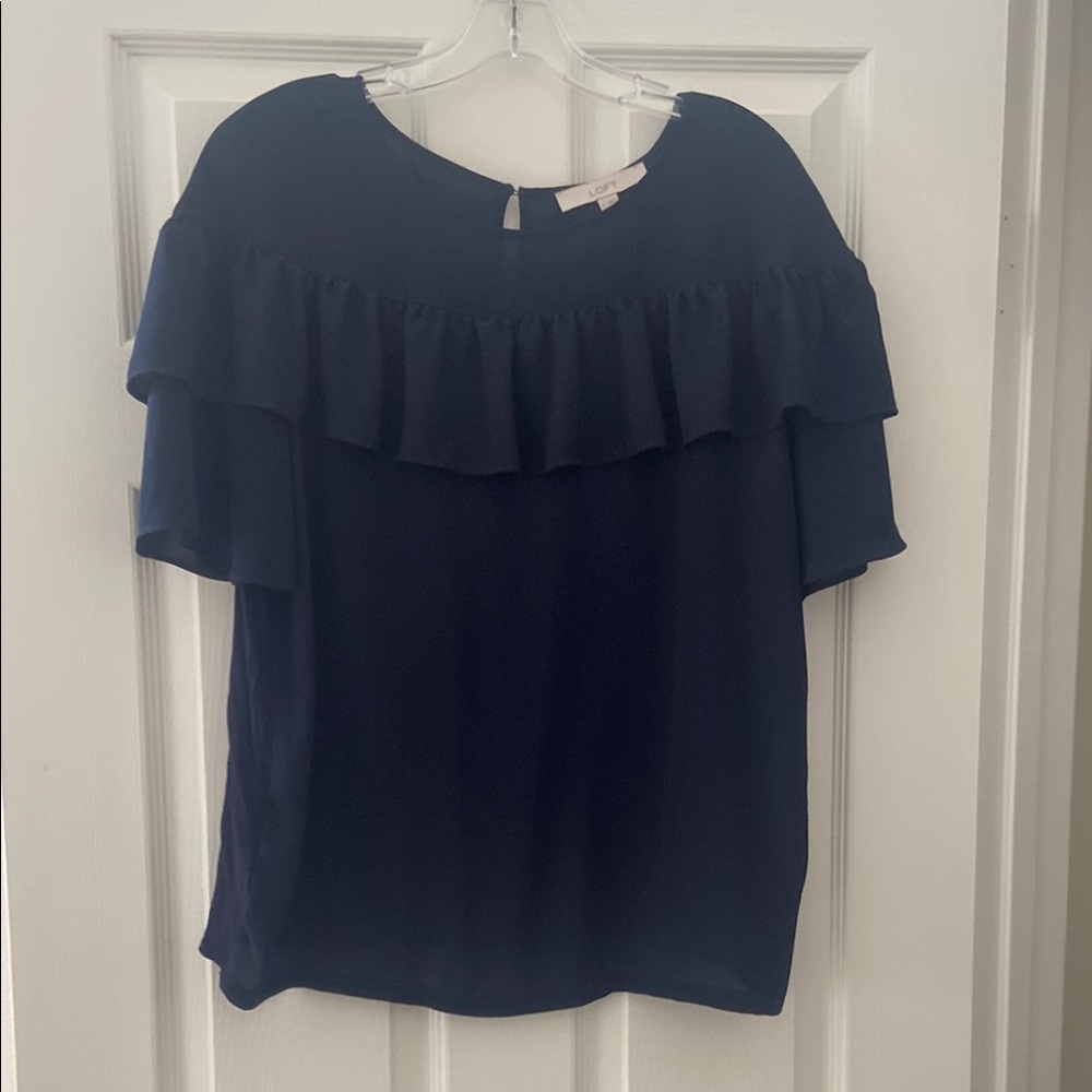 Loft Navy Ruffle Top EUC